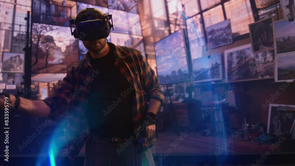 Man immersed in virtual reality experience in an urban environment digital play Man immersed in virtual reality experience in an urban environment digital play