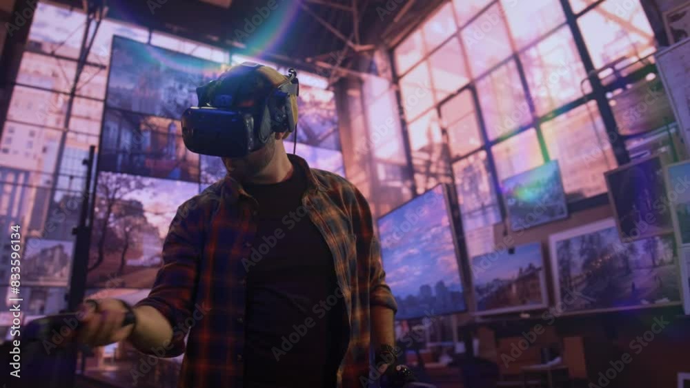 VR headset adventure with man in a modern setting immersive play VR headset adventure with man in a modern setting immersive play