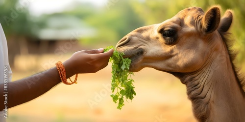 Camel being fed by hand in a close encounter. Concept Animal Interaction, Wildlife Encounters, Nature Photography photo