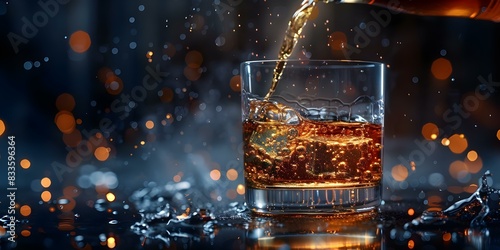 Whiskey being poured into a glass ideal for bar promotions or content. Concept Beverage Photography, Drink Presentation, Cocktail Imagery, Liquor Promotions, Glassware Advertisement