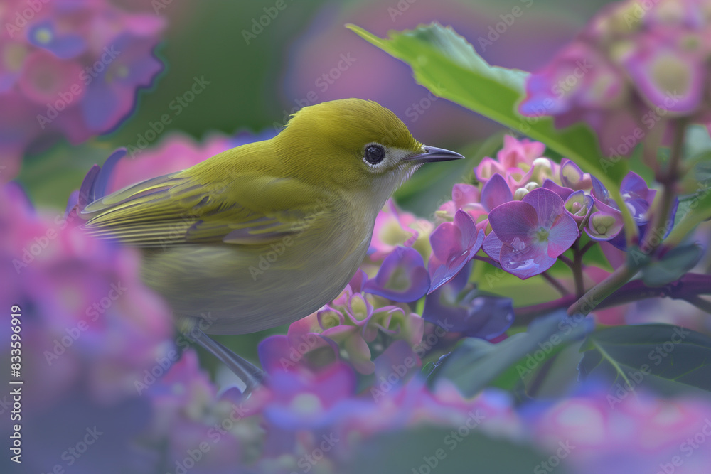 Fototapeta premium Japanese White-eye and Hydrangea generated by AI