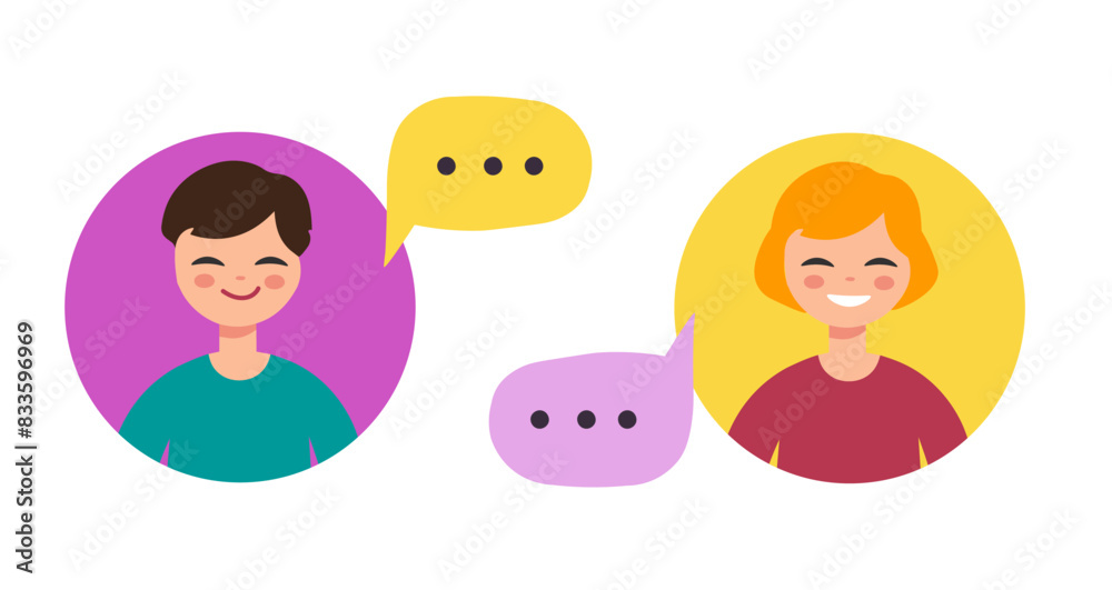 Young man and woman talking, communicate using speech bubbles, vector flat illustration, isolated on white Young man and woman talking, communicate using speech bubbles, vector flat illustration, isolated on white