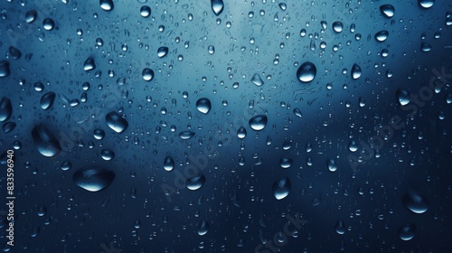 Close-up of rain droplets on a darkly blue background 