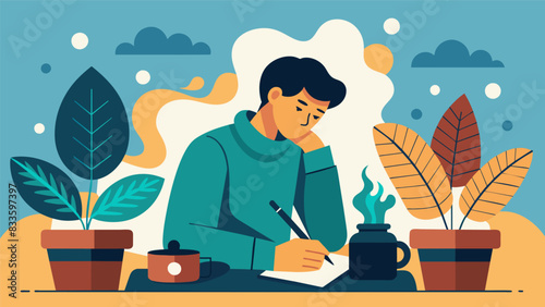With the scent of freshly brewed coffee filling the air the writer takes a moment to reflect and set intentions for the day ahead before the ink meets. Vector illustration