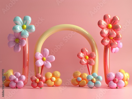 3D Fantasy bright flowers balloon flowers on pink background.