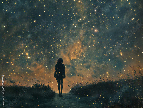 Silhouette of a woman walking on a trail beneath the stars at night 