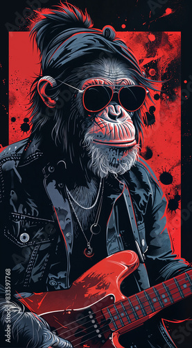 Illustration of a cool monkey with sunglasses and a guitar