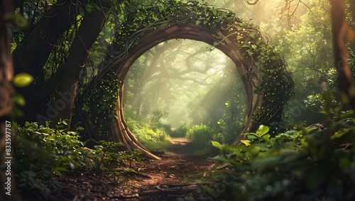 Fototapeta Naklejka Na Ścianę i Meble -  a magical forest gate made of stone, vines and leaves in the middle of an enchanted green fantasy landscape with sunlight shining through the trees