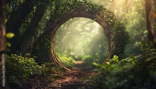 a magical forest gate made of stone, vines and leaves in the middle of an enchanted green fantasy landscape with sunlight shining through the trees © Davy