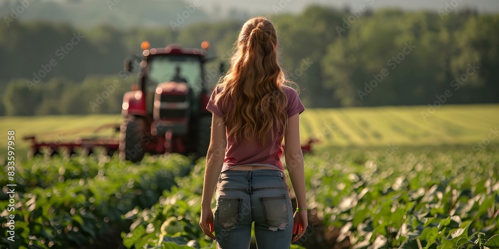 Young female farmer with tractor in the background on a farm. Concept Farm Life, Female Farmer, Tractor Photo, Rural Setting, Agriculture Portrait Young female farmer with tractor in the background on a farm. Concept Farm Life, Female Farmer, Tractor Photo, Rural Setting, Agriculture Portrait
