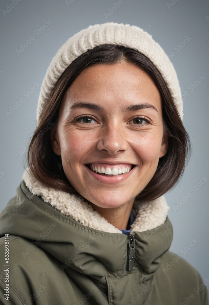 portrait view of a regular happy smiling Antarctic woman , ultra realistic, candid, social media, avatar image, plain solid background portrait view of a regular happy smiling Antarctic woman , ultra realistic, candid, social media, avatar image, plain solid background