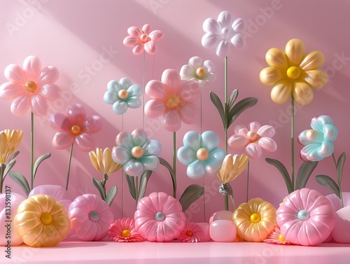 3D Fantasy bright flowers balloon flowers on pink background.
