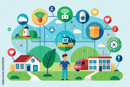 elements related to smart farming and modern technology in agriculture. demonstrates the integration of technology in agriculture to improve efficiency and control.