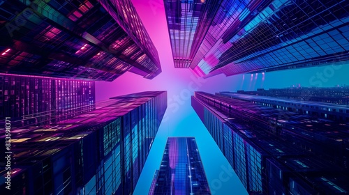 tall skyscrapers buildings looking up perspective, modern architecture of steel and glass, skyline of big city in style of purple neon cyberpunk