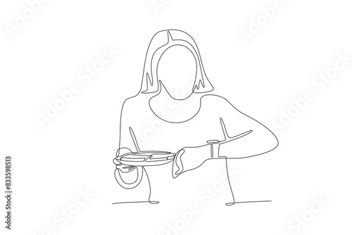 Woman looking at watch while having breakfast. Getting ready in the morning concept one-line drawing