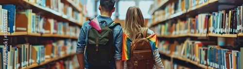 Back view of a couple in a library, holding hands, small rainbow flags on their backpacks, walking among bookshelves, serene and intellectual setting, quiet scene © kitidach