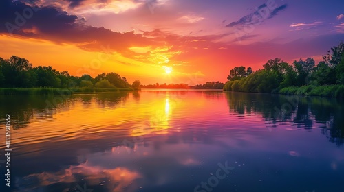 Amazing colorful sunset over calm lake. Pink, purple, blue and yellow colors of sky and their reflection on water surface.