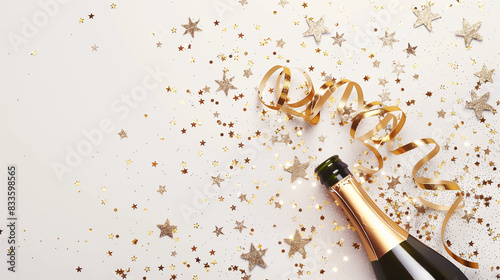 Celebration background with golden champagne bottle, confetti stars and party streamers. Christmas, birthday or wedding concept. Flat lay.
