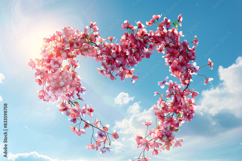 Pink heart-shaped cherry blossom flowers symbolize love and romance in a spring sky Pink heart-shaped cherry blossom flowers symbolize love and romance in a spring sky