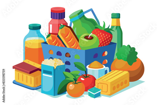 A variety of foods, including fresh fruits and vegetables, packaged goods and beverages. a range of healthy food products photo