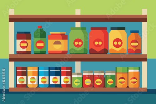 A shelf in a grocery store on which various goods are located. These include canned goods, boxes and bottles with various labels and designs. This reflects the abundance and variety, in supermarkets