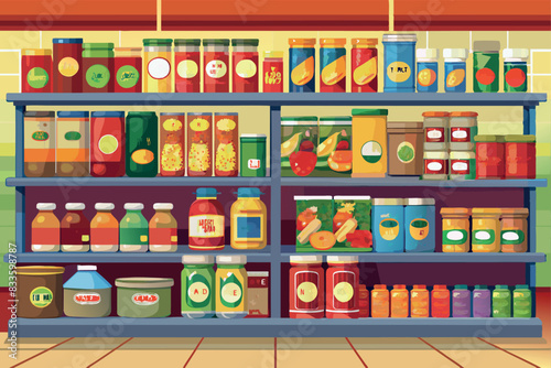 A shelf in a grocery store on which various goods are located. These include canned goods, boxes and bottles with various labels and designs. This reflects the abundance and variety, in supermarkets