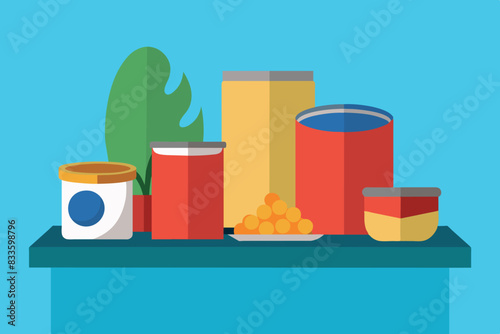 A shelf in a grocery store on which various goods are located. These include canned goods, boxes and bottles with various labels and designs. This reflects the abundance and variety, in supermarkets