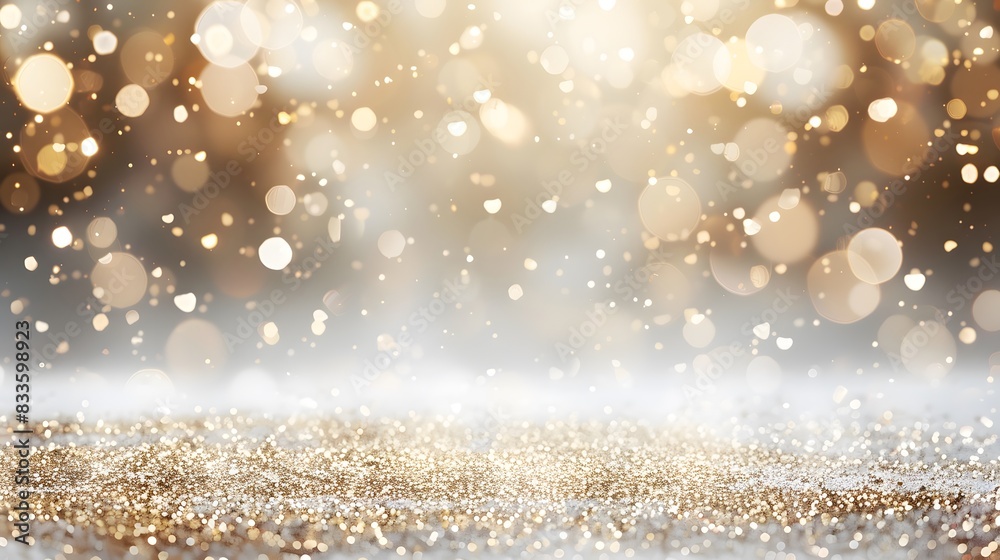 white and gold, with sparkling golden glitter falling on the table in large blurred light spots white and gold, with sparkling golden glitter falling on the table in large blurred light spots
