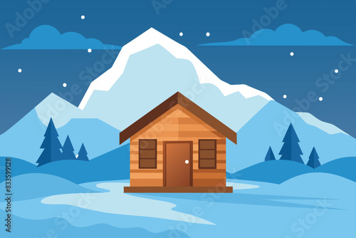 winter landscape with a wooden bathhouse surrounded by pine trees and mountains in the background. Atmosphere of festivity, Christmas, cleanliness and cheerfulness