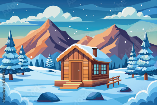 winter landscape with a wooden bathhouse surrounded by pine trees and mountains in the background. Atmosphere of festivity, Christmas, cleanliness and cheerfulness