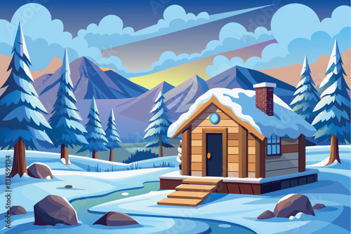 winter landscape with a wooden bathhouse surrounded by pine trees and mountains in the background. Atmosphere of festivity, Christmas, cleanliness and cheerfulness
