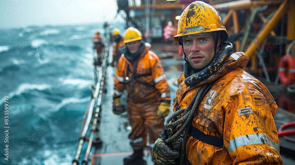 Oil workers, wearing helmets and personal protective equipment, stand on an oil rig in the ocean surrounded by water and the sky. Oil workers, wearing helmets and personal protective equipment, stand on an oil rig in the ocean surrounded by water and the sky.