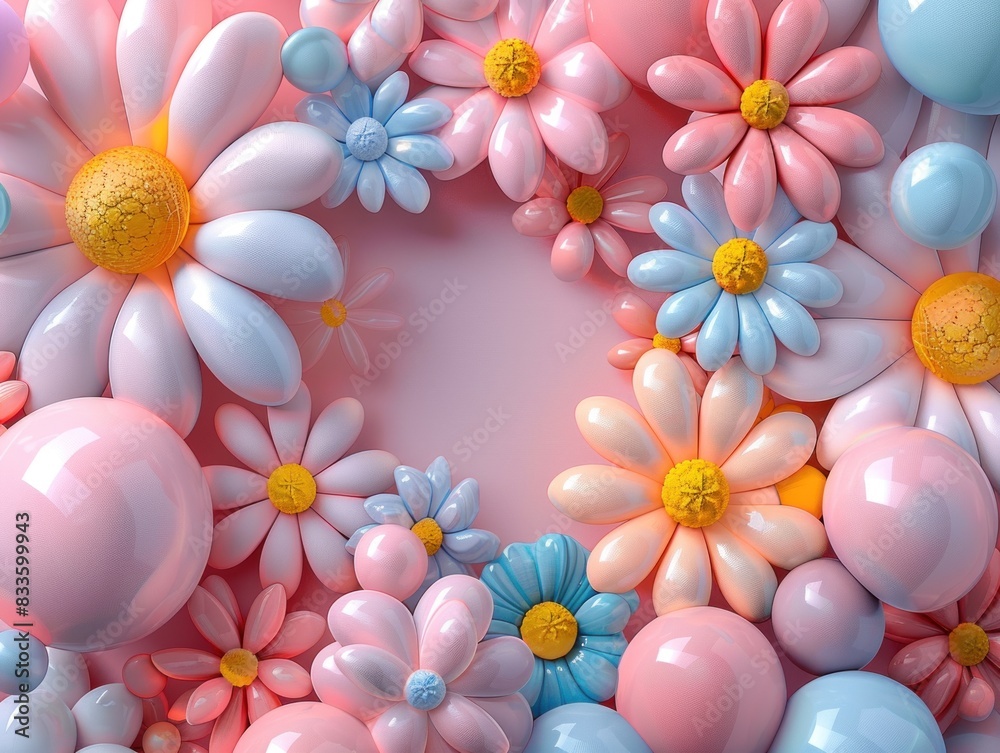 Obraz premium 3D Fantasy bright flowers balloon flowers on pink background.