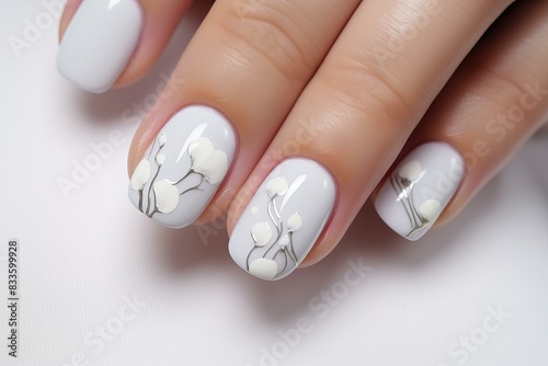 Close-up of a hand with nails adorned with stylish white flower nail art photo