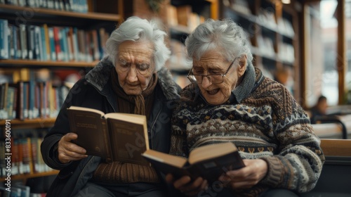 An elderly couple together in retirement together reading a book sitting in the library. Old people reading a book at home