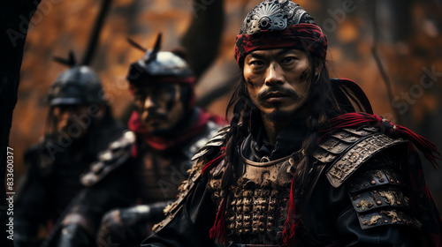 A color image shows three samurai warriors in traditional armor and clothing in an outdoor setting that looks like a forest.