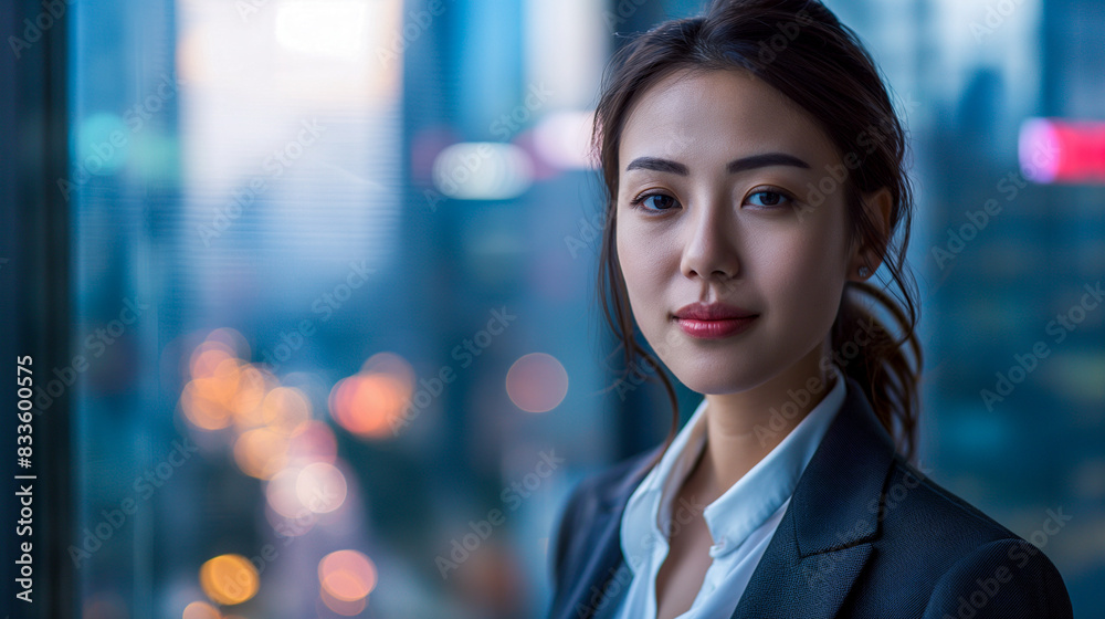 Obraz premium A businesswoman standing in a high-rise office, confidently looking out at the city. She is dressed in a stylish suit and white shirt, 