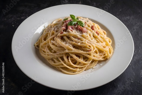 Spaghetti with carbonara sauce in a white plate  isolated on a black background