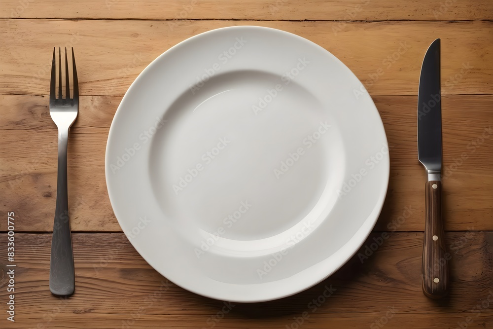 Empty white plate with knife and fork isolated on a wooden background. Top view. Empty white plate with knife and fork isolated on a wooden background. Top view.