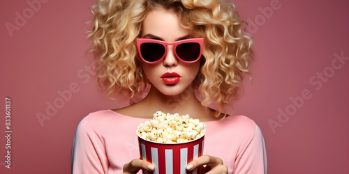 Retro s Style: Blonde Woman with Pink Sunglasses and Popcorn. Concept Retro Fashion, 60s Style, Blonde Woman, Pink Sunglasses, Popcorn Retail photo