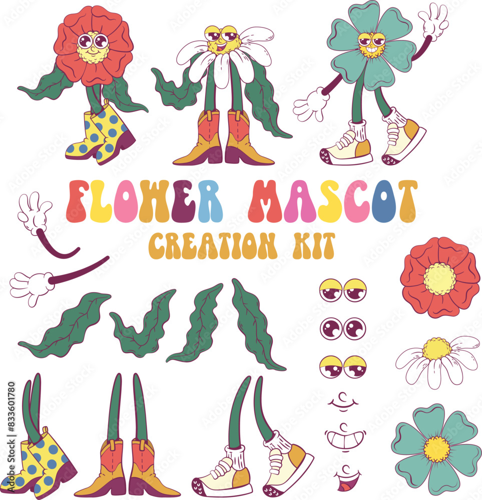 Naklejka premium Retro groovy flower mascot creation kit