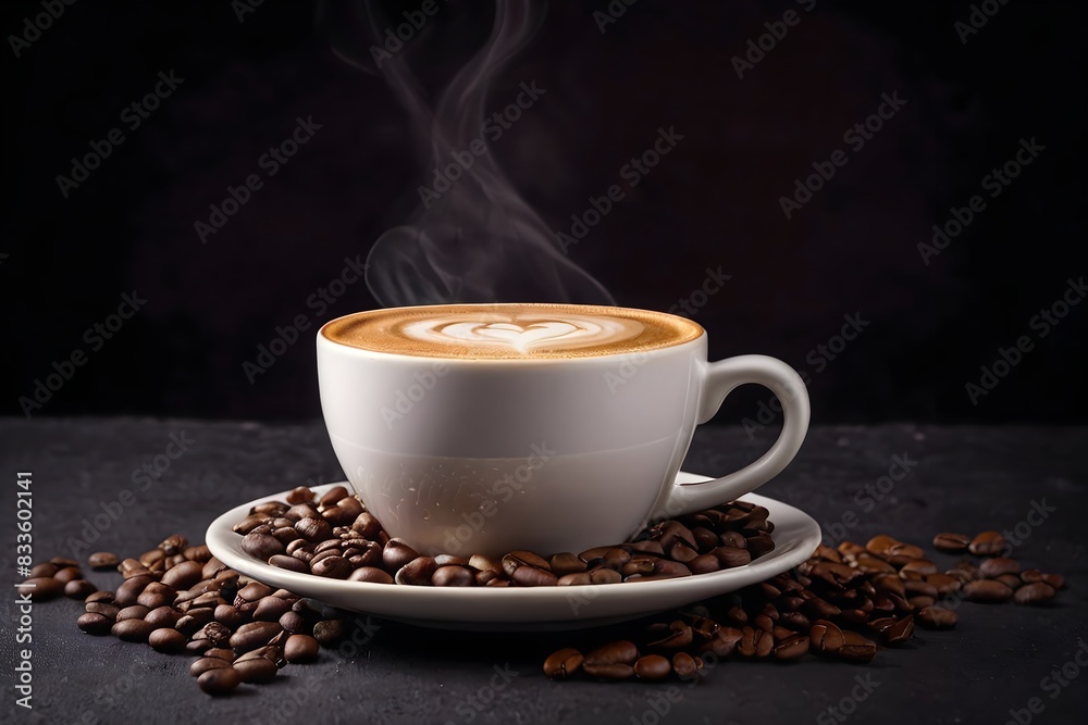 Fototapeta premium Cup of hot coffee with beans isolated on a dark background.