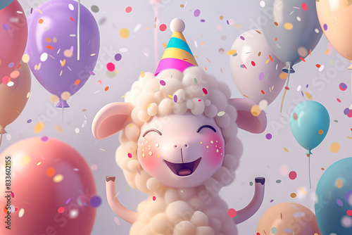 A sheep adorned with a birthday hat, accompanied by floating balloons and scattered confetti