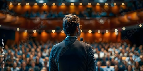 Engaging Speaker Holds Audience's Attention in Packed Hall During Presentation. Concept Public Speaking, Audience Engagement, Presentation Skills, Storytelling Techniques, Captivating Audiences