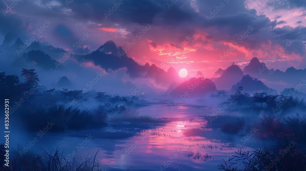 Emotional Landscape of a serene dawn, beautiful winter landscape, panoramic view, moonlight shining through clouds, high resolution photography. Emotional Landscape of a serene dawn, beautiful winter landscape, panoramic view, moonlight shining through clouds, high resolution photography.