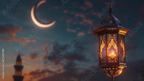Ornate lantern glowing against a crescent moon and mosque silhouette.