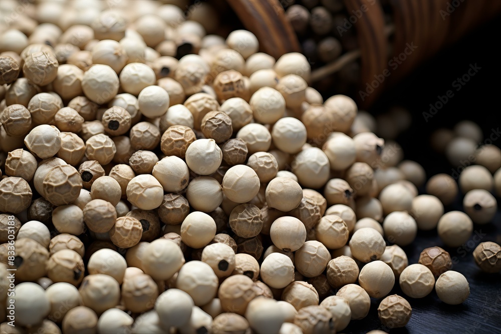 Close-up texture of white peppercorns, a pungent and aromatic spice, perfect for adding flavor to culinary dishes, on a wooden surface, ideal for cooking and gastronomy photography backgrounds Close-up texture of white peppercorns, a pungent and aromatic spice, perfect for adding flavor to culinary dishes, on a wooden surface, ideal for cooking and gastronomy photography backgrounds
