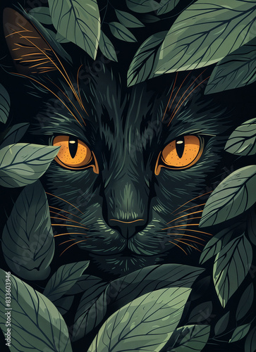 Black cat with yellow eyes peering through leaves