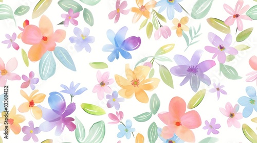 Flower wallpaper flat design top view watercolor theme cartoon drawing colored pastel . Seamless Pattern  Fabric Pattern.