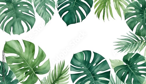 Tropical watercolor green leaves frame  monstera and palm leaves on white background